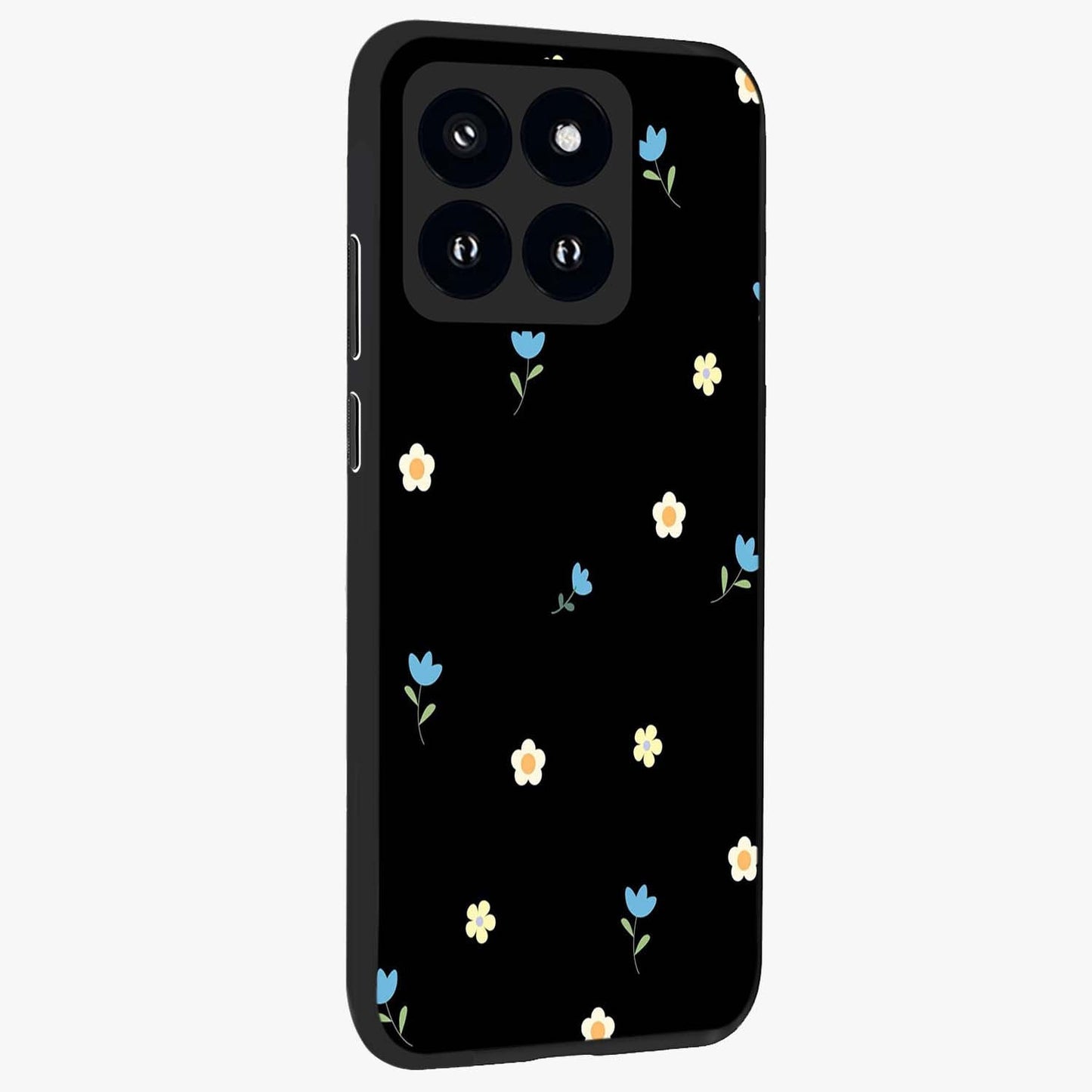Minimal Petal Whispers Glass Case upright view showcasing elegant floral artwork with modern minimalist style.
