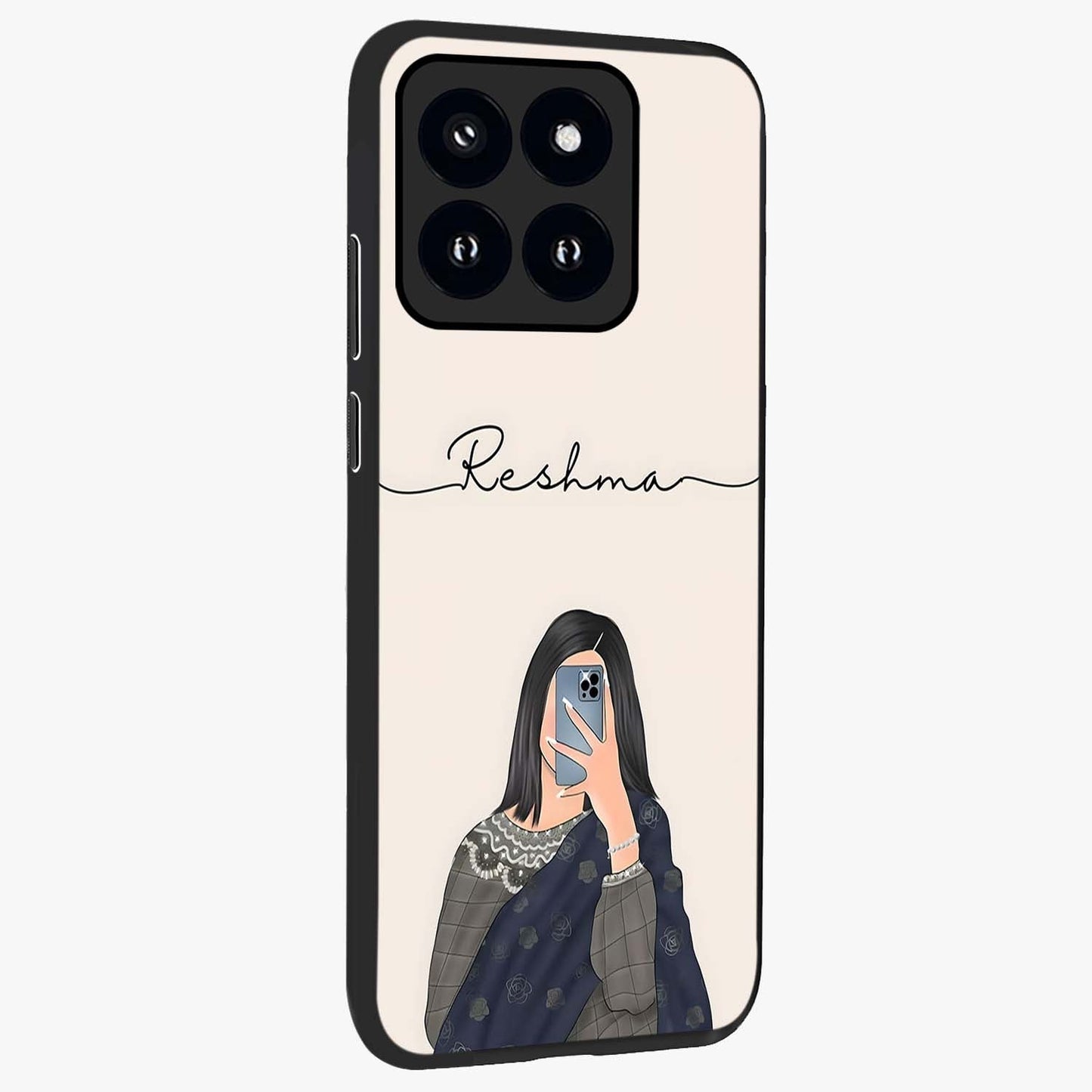 Mirror Mood Muse With Custom Name Glass Case upright view showcasing artistic mirror themed artwork with personalized aesthetic.