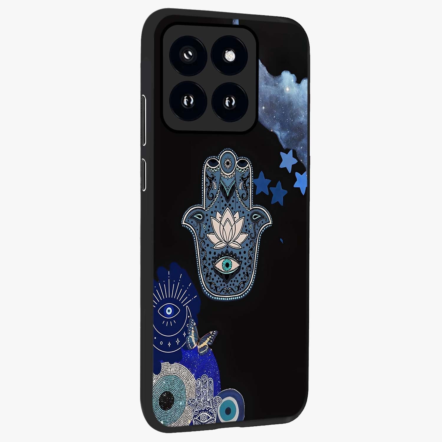 Mystic Hand Aura Glass Case upright view showcasing symbolic hand artwork with mystical energy theme.