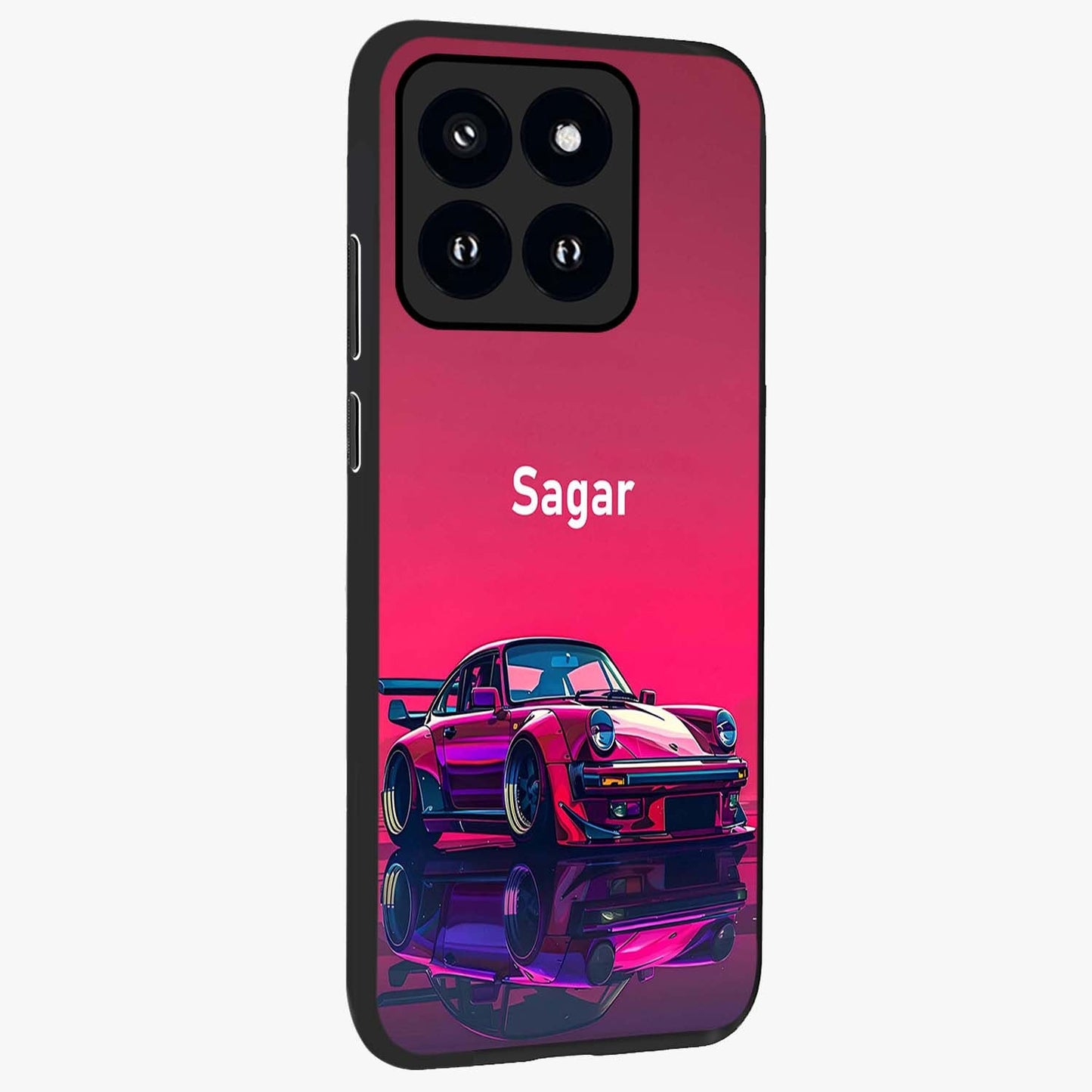 Neon Pink Porsche Glass Case upright view showcasing vibrant sports car artwork with bold automotive theme.