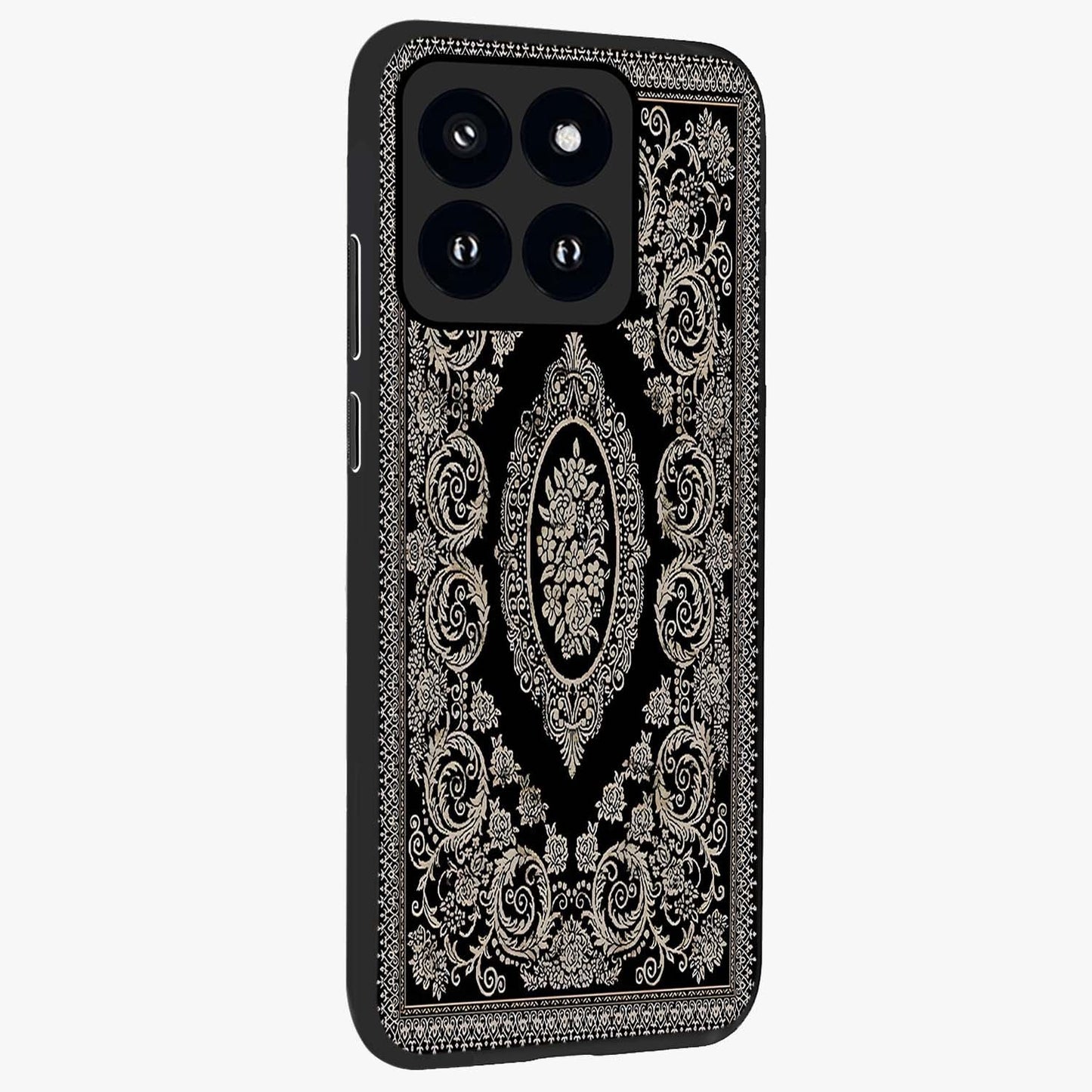 Noir Bloom Elegance Glass Case upright view showcasing graceful floral artwork with luxurious dark theme.