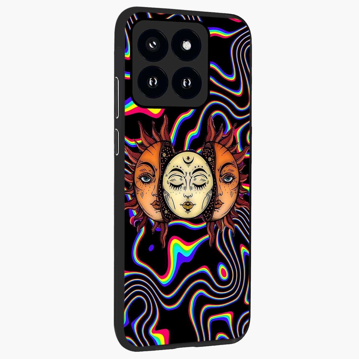 Psychedelic Sun Glass Case upright view showcasing trippy sun artwork with bold psychedelic theme.
