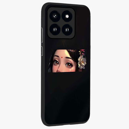 Radha Divine Embrace Glass Case upright view showcasing sacred Radha themed artwork with peaceful devotional style.