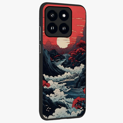 Red Sunset Scenery Glass Case upright view showcasing dramatic sunset scenery artwork with warm nature theme.