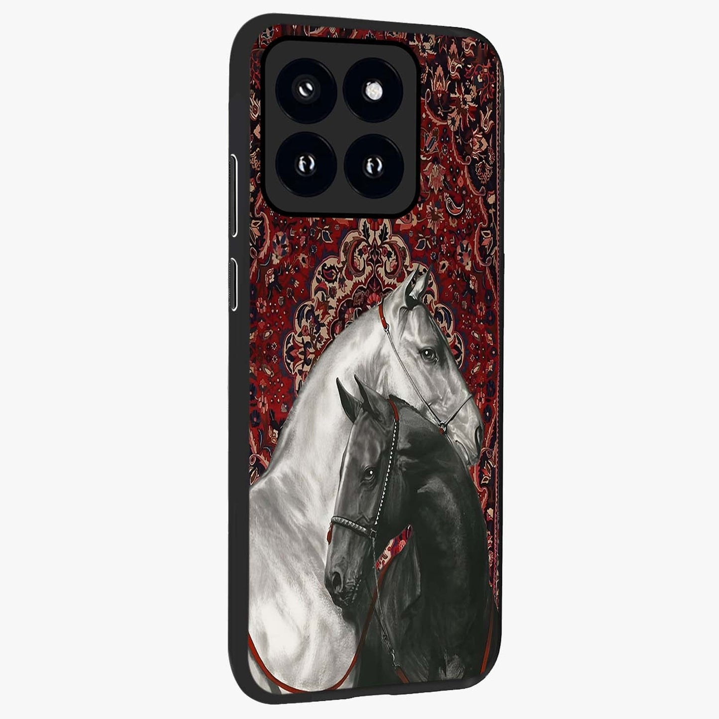 Regal Stallion Tapestry Glass Case upright view showcasing powerful horse artwork with elegant tapestry theme.