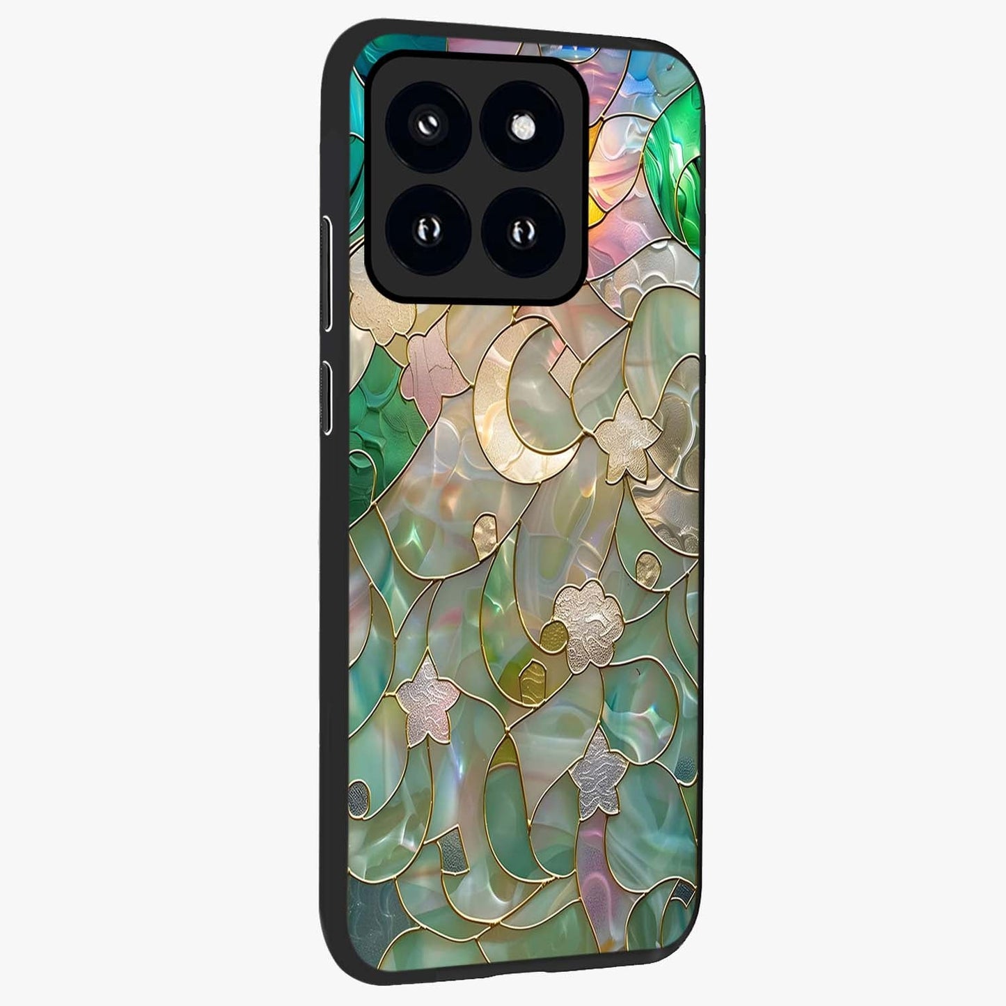 Stained Sunrise Glow Glass Case upright view showcasing colorful sunrise artwork with warm morning theme.