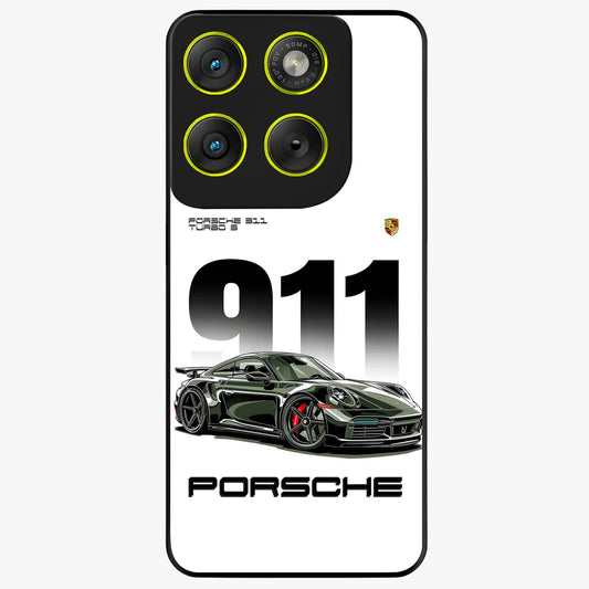 911 Turbo Dominance Glass Case showing clean flat back view with bold 911 sports car artwork and glossy glass finish.
