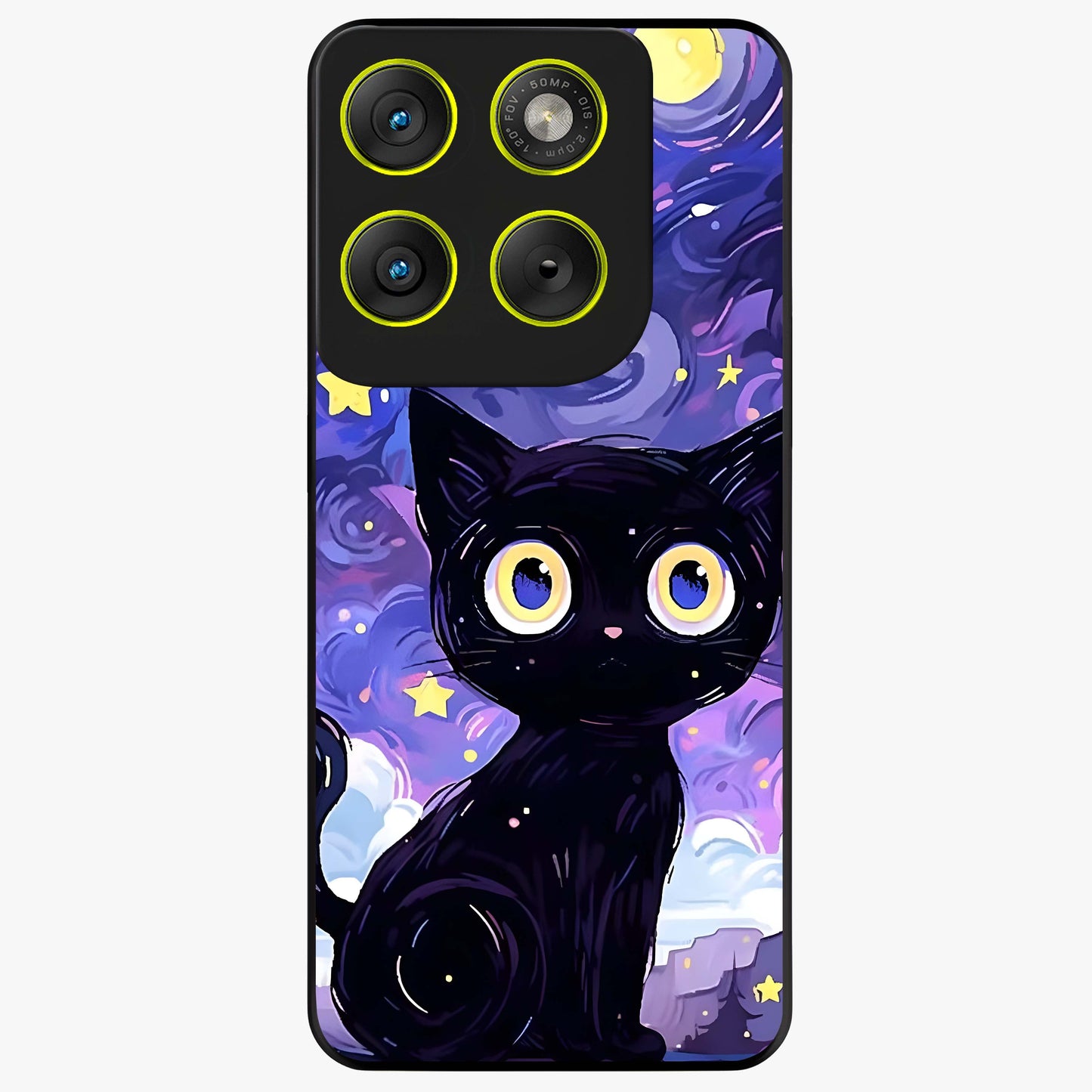 Abstract Cat Art Glass Case showing flat back view with artistic cat illustration and glossy glass finish.