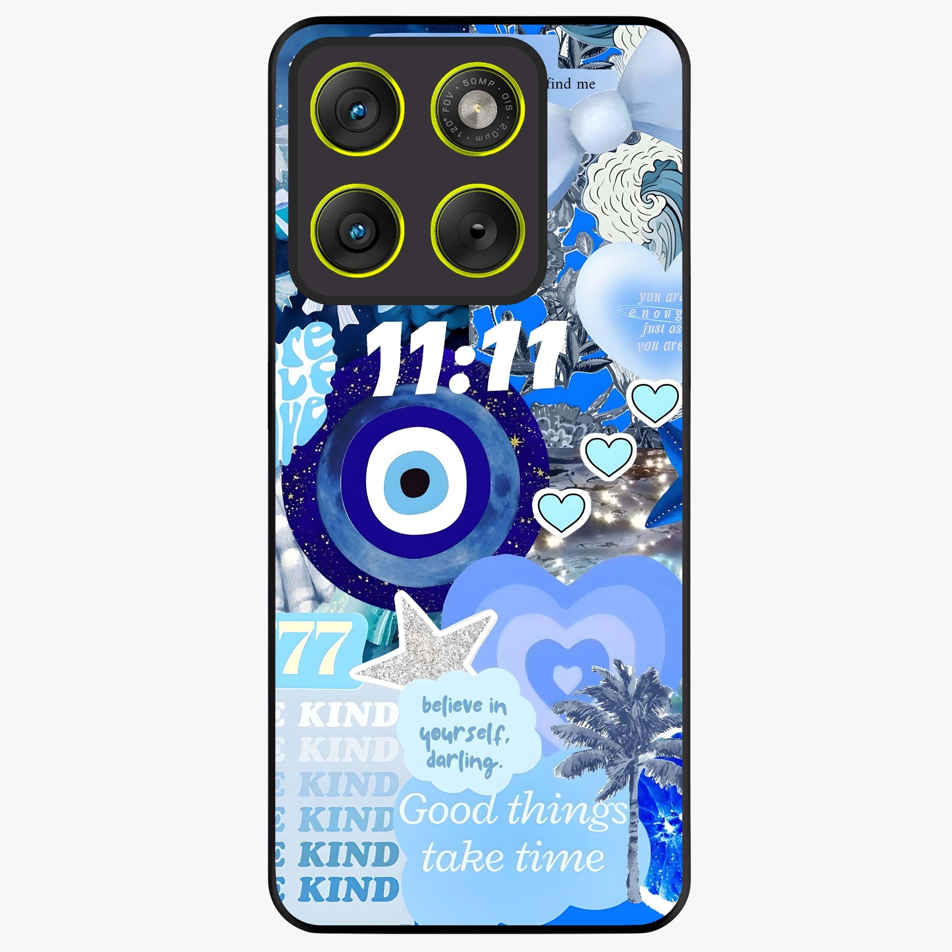 Aesthetic Be Kind Eye Glass Case showing flat back view with motivational eye artwork and glossy glass finish.