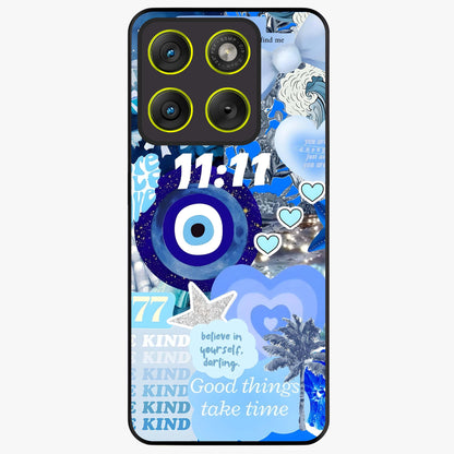Aesthetic Be Kind Eye Glass Case showing flat back view with motivational eye artwork and glossy glass finish.
