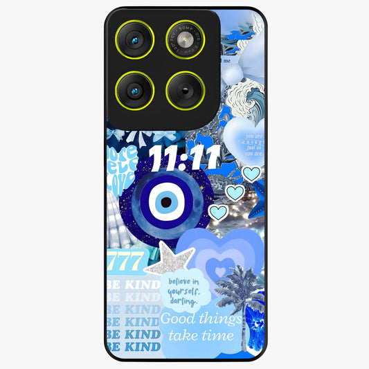 Aesthetic Be Kind Eye Glass Case showing flat back view with motivational eye artwork and glossy glass finish.