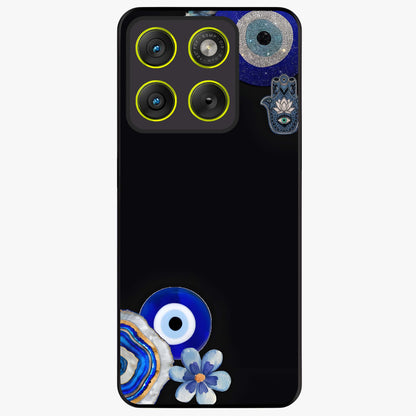 Aesthetic Blue Evil Eye Glass Case showing flat back view with protective evil eye artwork and glossy glass finish.
