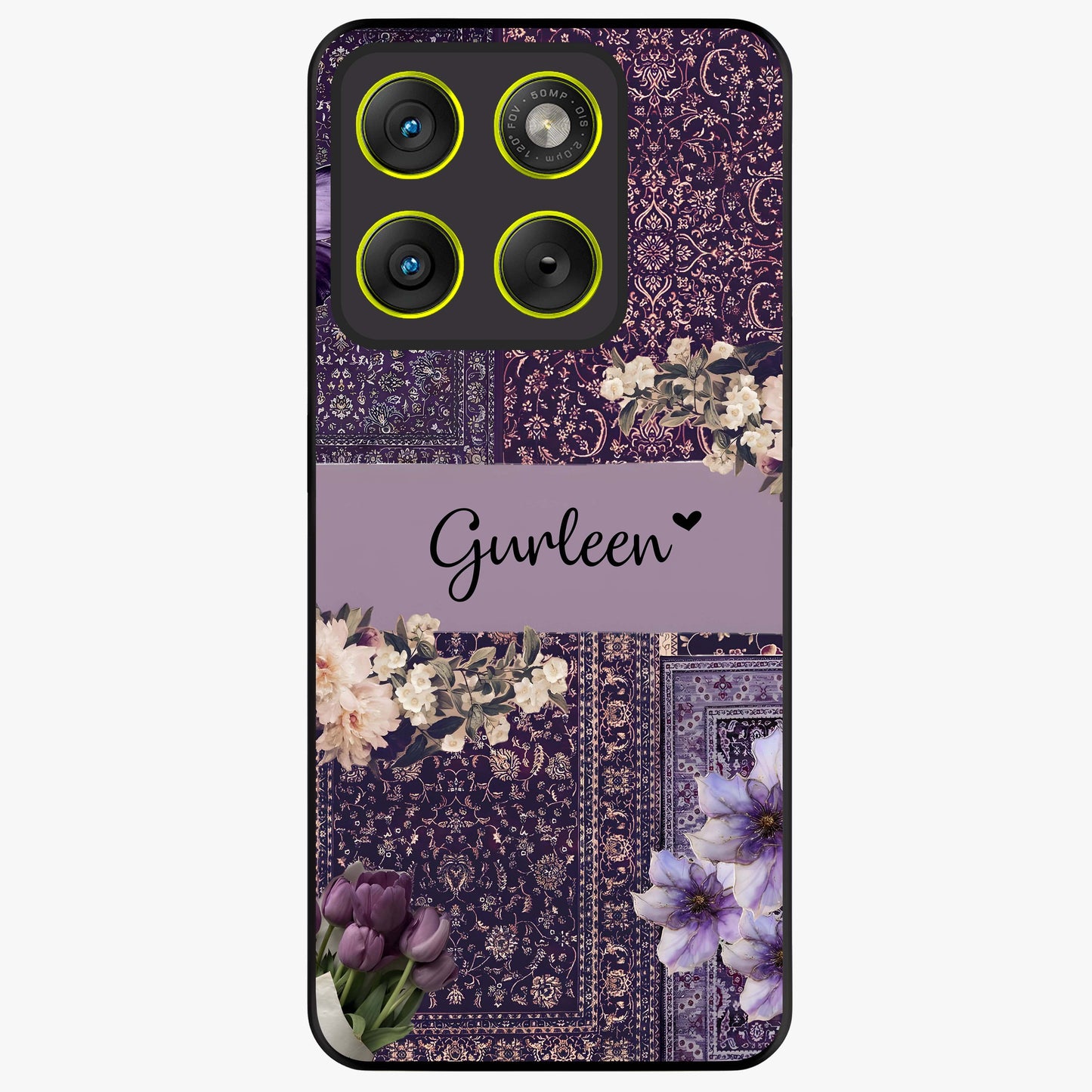 Antique Floral Whisper Custom Name Glass Case showing flat back view with vintage floral artwork and personalized name design.