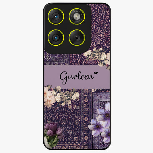 Antique Floral Whisper Custom Name Glass Case showing flat back view with vintage floral artwork and personalized name design.