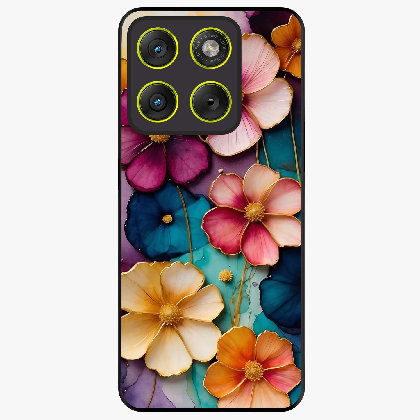 Artlyn Grace Flower Pattern Glass Case showing flat back view with elegant floral pattern artwork and glossy glass finish.
