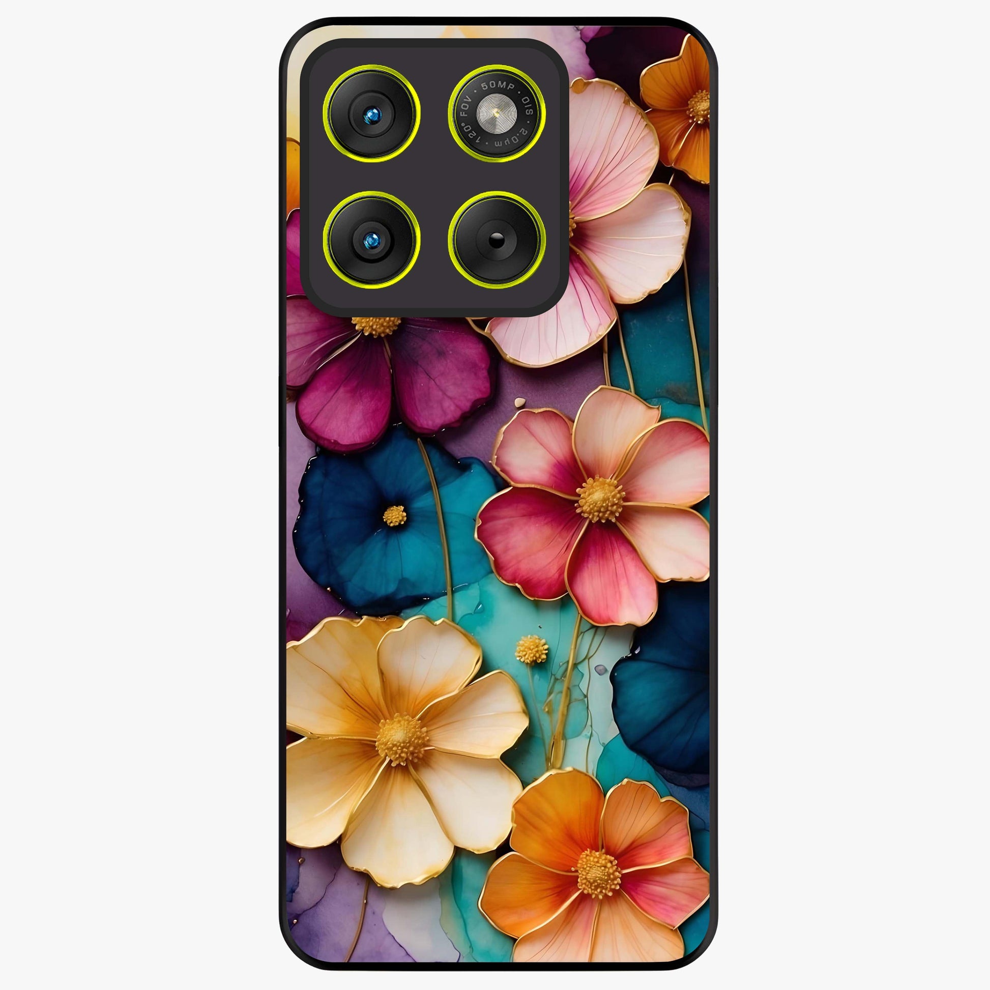 Artlyn Grace Flower Pattern Glass Case showing flat back view with elegant floral pattern artwork and glossy glass finish.