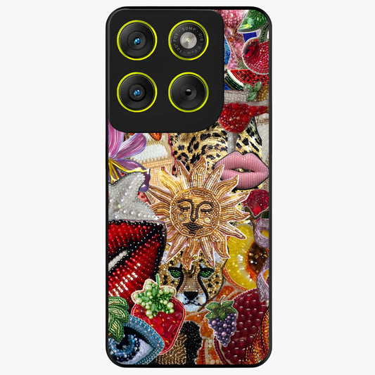 Beaded Fashion Jungle Glass Case showing flat back view with vibrant jungle inspired bead artwork and glossy glass finish.
