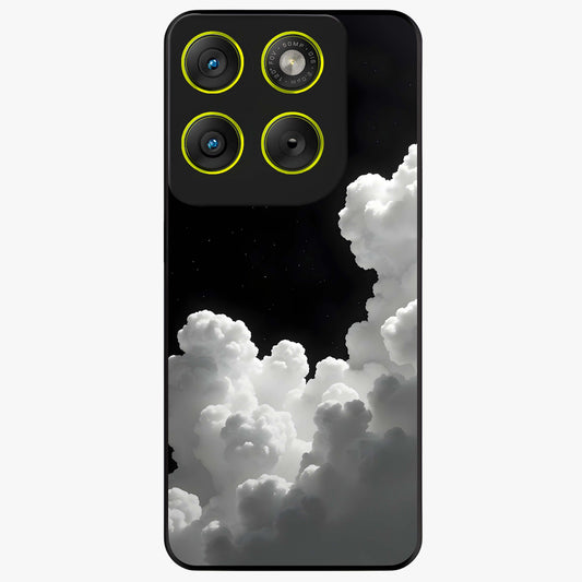 Black Background With White Cloud Glass Case showing flat back view with minimal cloud artwork on dark background and glossy glass finish.