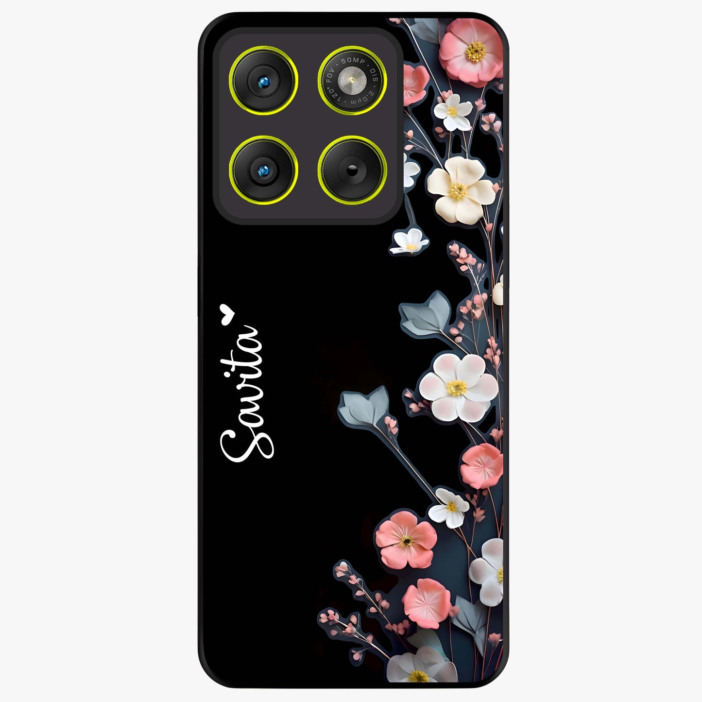 Black Elegance Floral Custom Name Glass Case showing flat back view with elegant floral artwork and personalized name design.