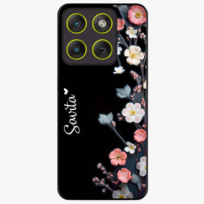 Black Elegance Floral Custom Name Glass Case showing flat back view with elegant floral artwork and personalized name design.