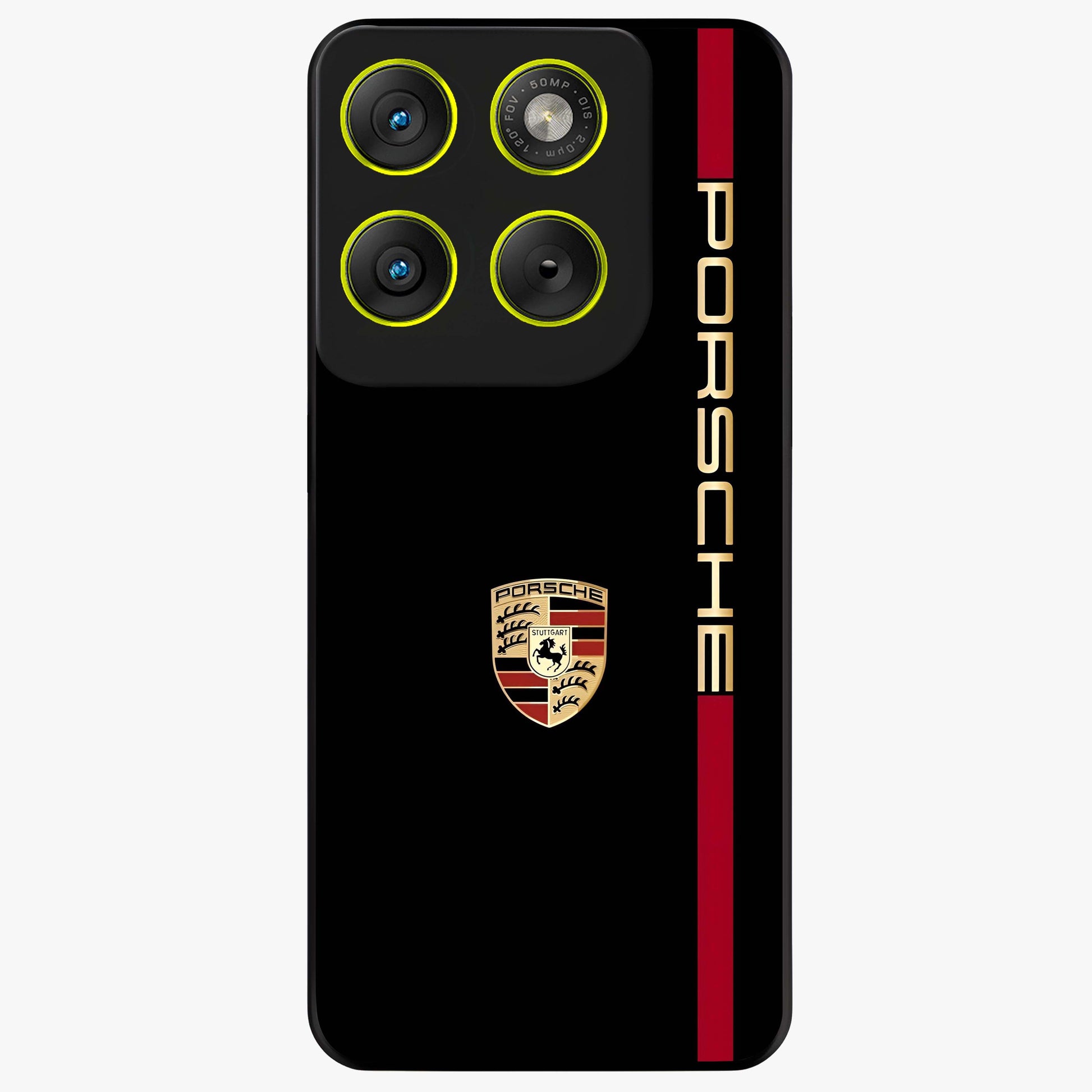 Black Minimal Porsche Glass Case showing flat back view with sleek minimal sports car artwork and glossy glass finish.