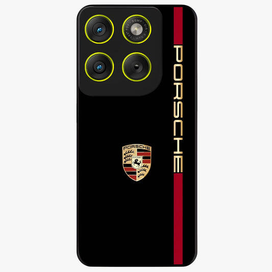 Black Minimal Porsche Glass Case showing flat back view with sleek minimal sports car artwork and glossy glass finish.