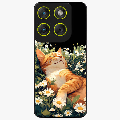 Blissful Bloom Cat Glass Case showing flat back view with cute cat and floral bloom artwork and glossy glass finish.