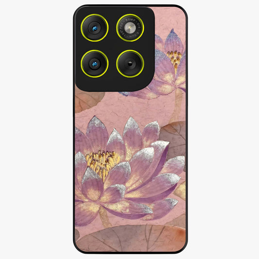 Blossom Mist Lotus Glass Case showing flat back view with serene lotus blossom artwork and glossy glass finish.