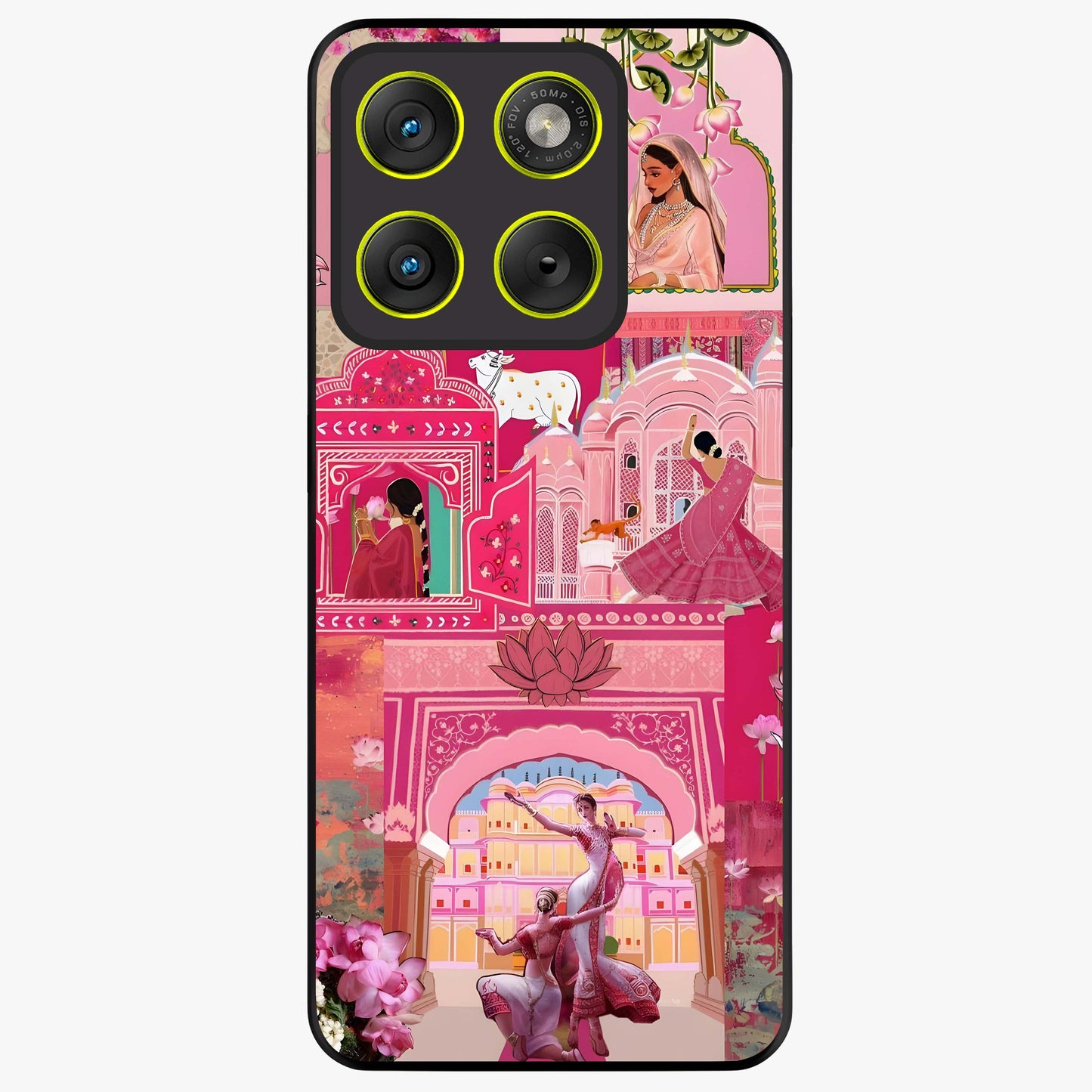 Blossoms of Rajasthan Glass Case showing flat back view with traditional floral artwork inspired by Rajasthan and glossy glass finish.