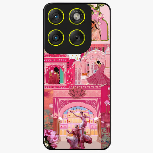 Blossoms of Rajasthan Glass Case showing flat back view with traditional floral artwork inspired by Rajasthan and glossy glass finish.