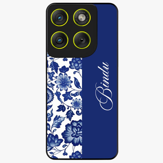 Blue Vintage Floral Pattern Glass Case upright view showcasing timeless floral illustration with vintage inspired style.