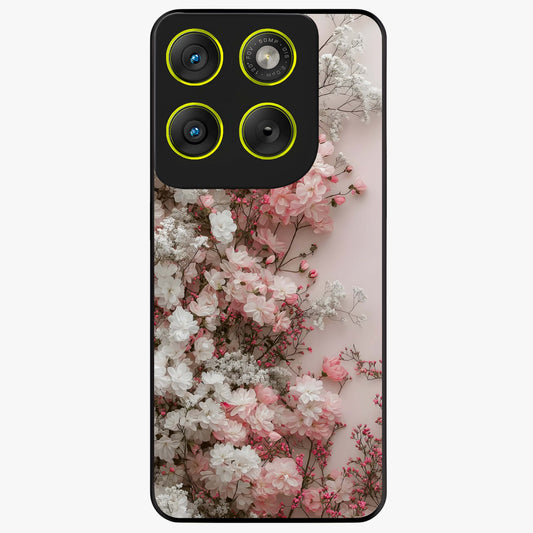 Blush Blossom Cloud Glass Case showing flat back view with dreamy blush cloud blossom artwork and glossy glass finish.