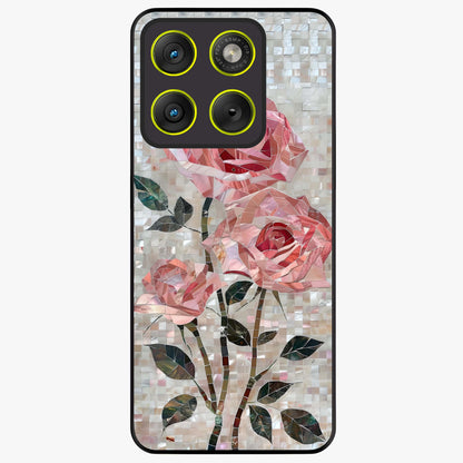 Blush Mosaic Bloom Glass Case showing flat back view with mosaic floral bloom artwork and glossy glass finish.