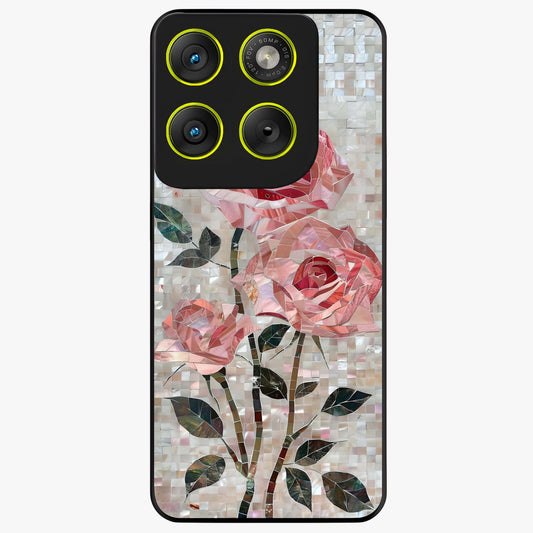 Blush Mosaic Bloom Glass Case showing flat back view with mosaic floral bloom artwork and glossy glass finish.