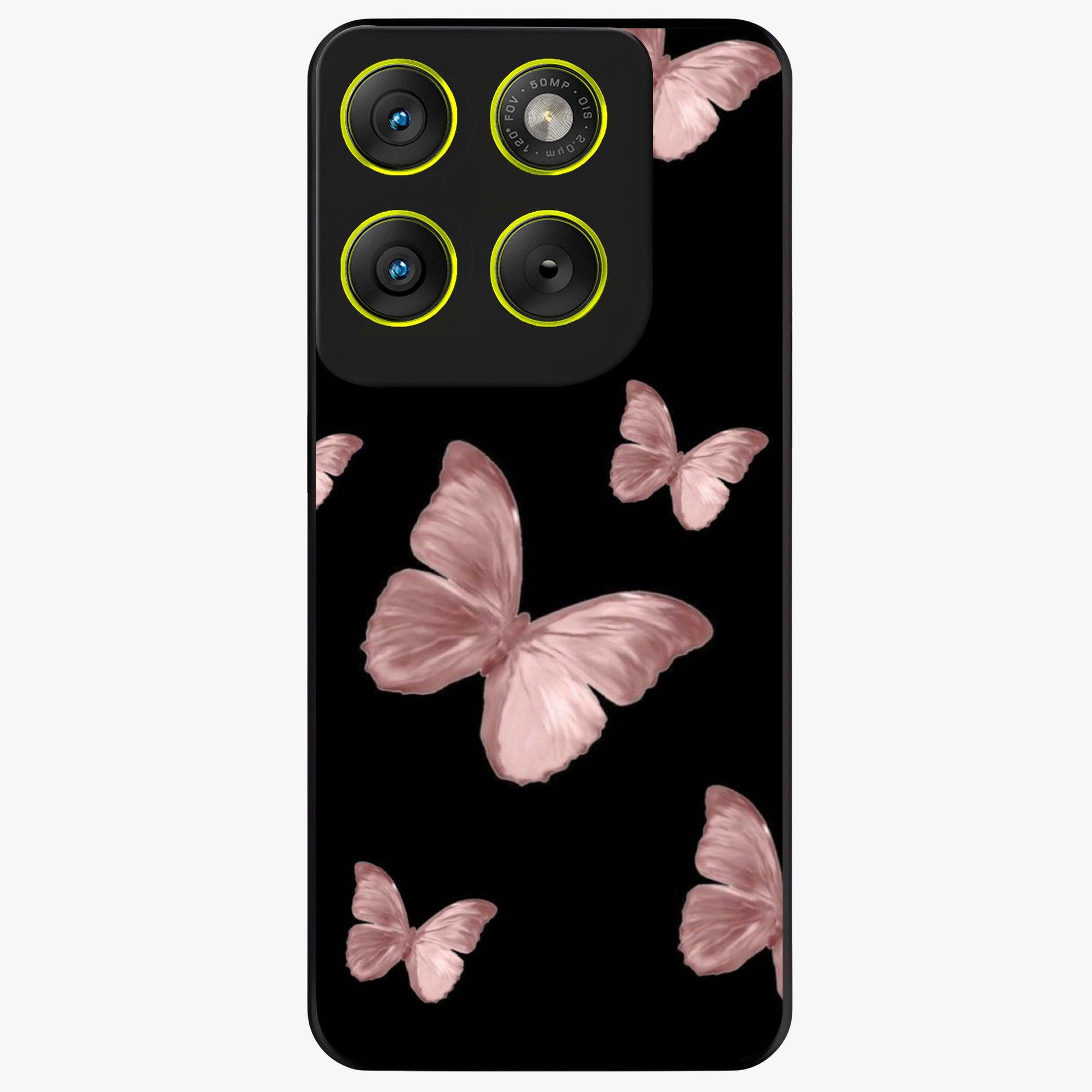 Butterfly Pattern Glass Case showing flat back view with elegant butterfly pattern artwork and glossy glass finish.