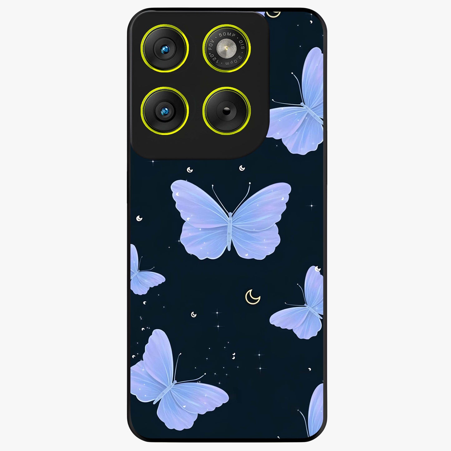 Butterfly With Stars Pattern Glass Case showing flat back view with butterfly and star pattern artwork and glossy glass finish.