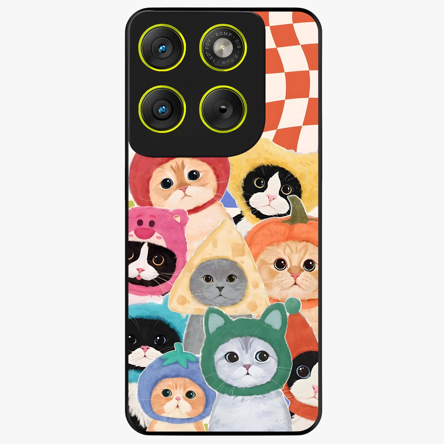 Cats in Fruits Glass Case showing flat back view with playful cat illustrations inside fruit artwork and glossy glass finish.