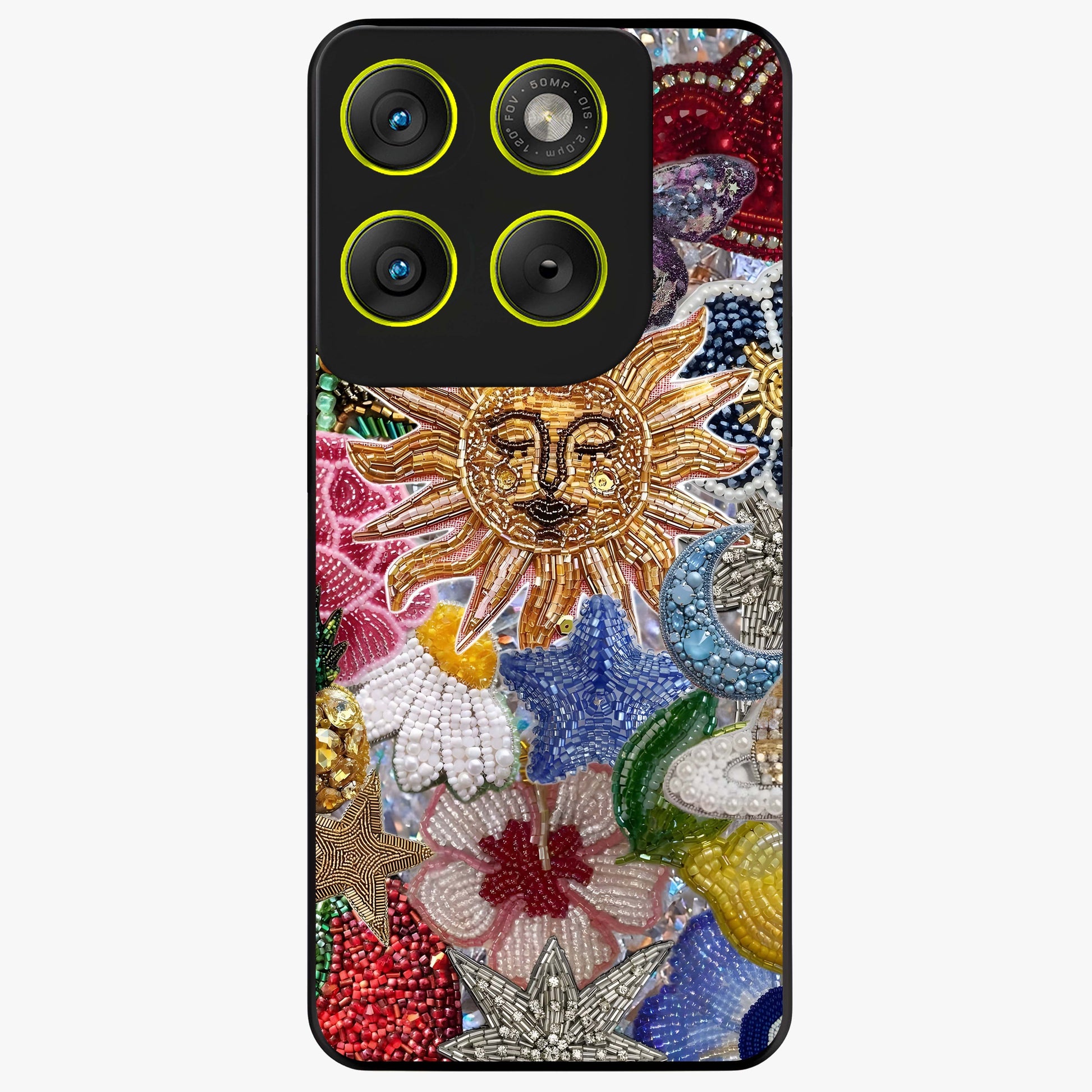 Celestial Floral and Playful Glass Case showing flat back view with floral and celestial themed artwork and glossy glass finish.