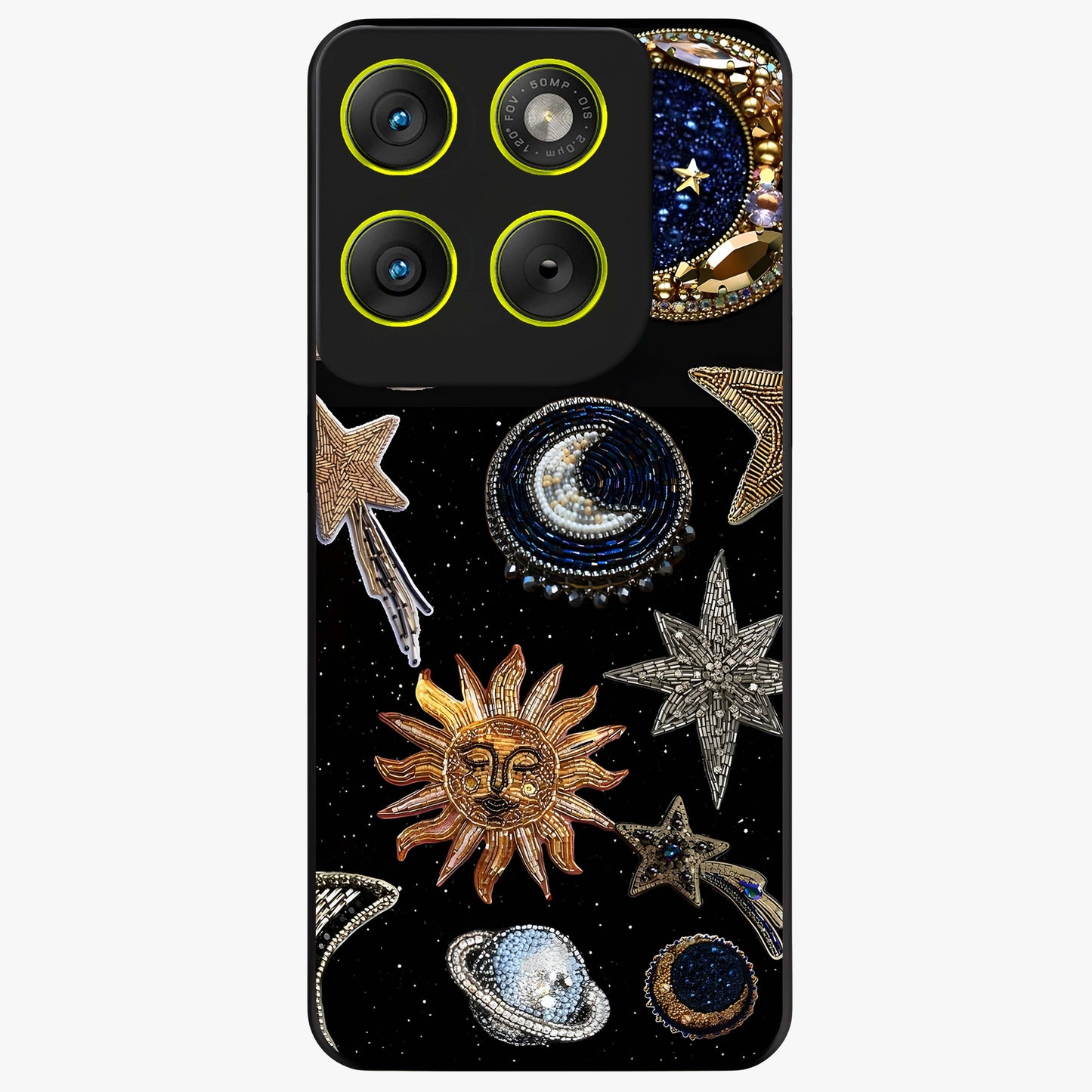Celestial Gem Constellations Glass Case showing flat back view with sparkling constellation artwork and glossy glass finish.
