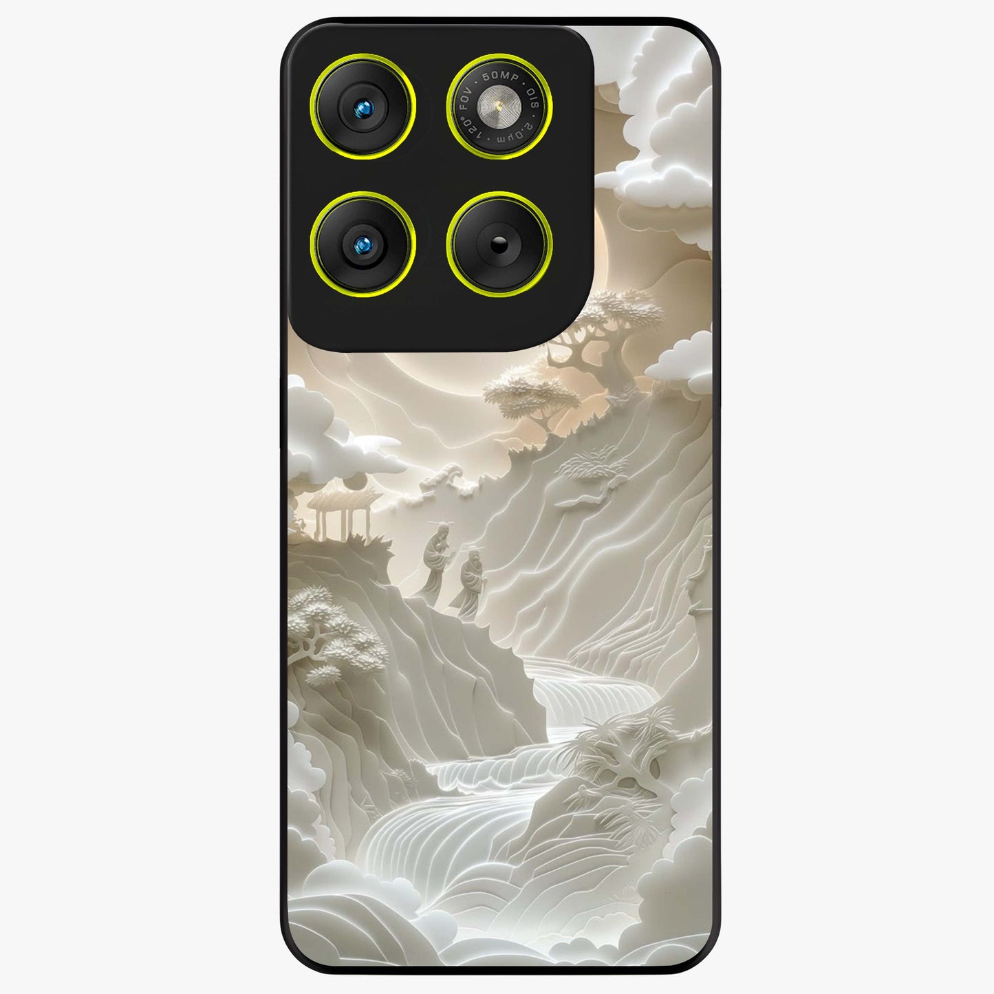 Celestial Origami Glass Case showing flat back view with artistic origami inspired celestial artwork and glossy glass finish.