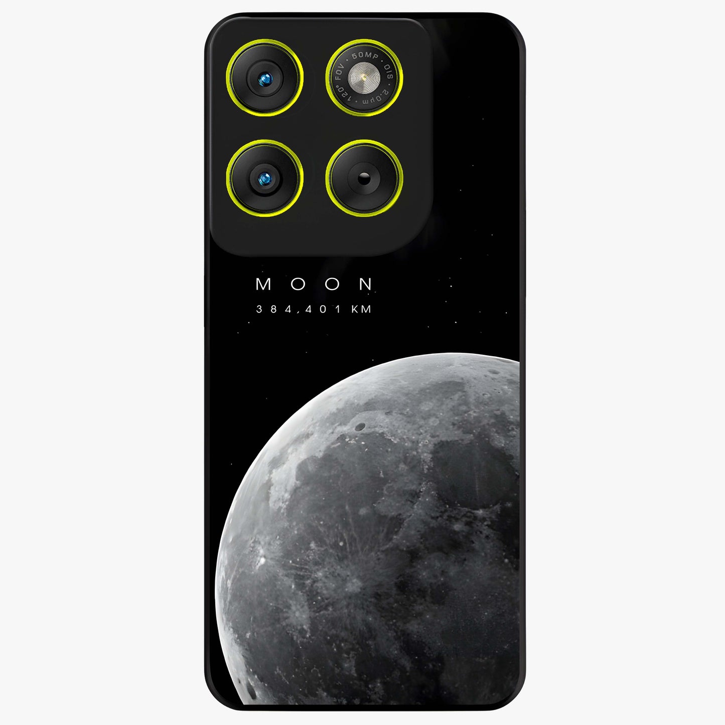 Cosmic Moon Glow Glass Case showing flat back view with glowing moon artwork and glossy glass finish.