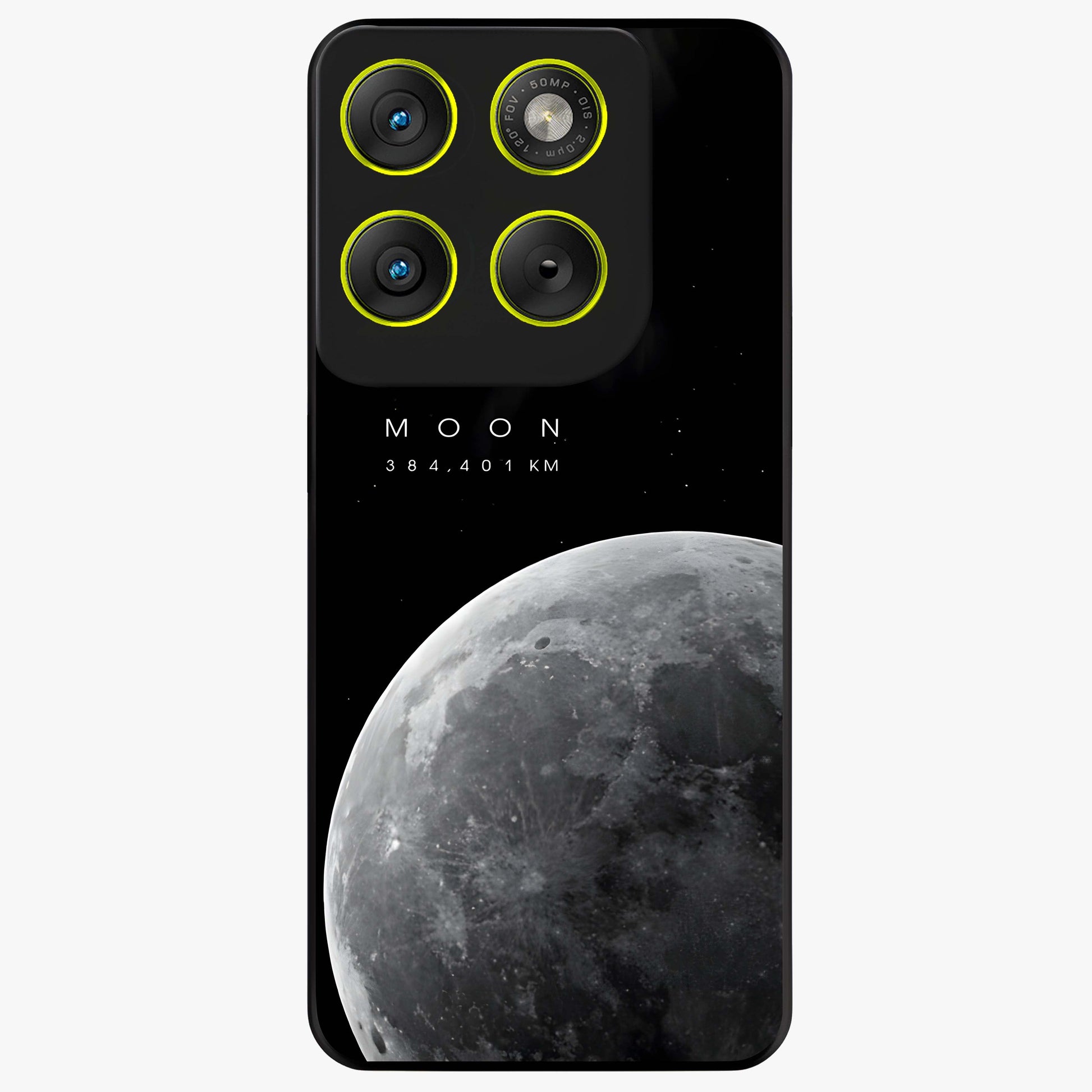 Cosmic Moon Glow Glass Case showing flat back view with glowing moon artwork and glossy glass finish.