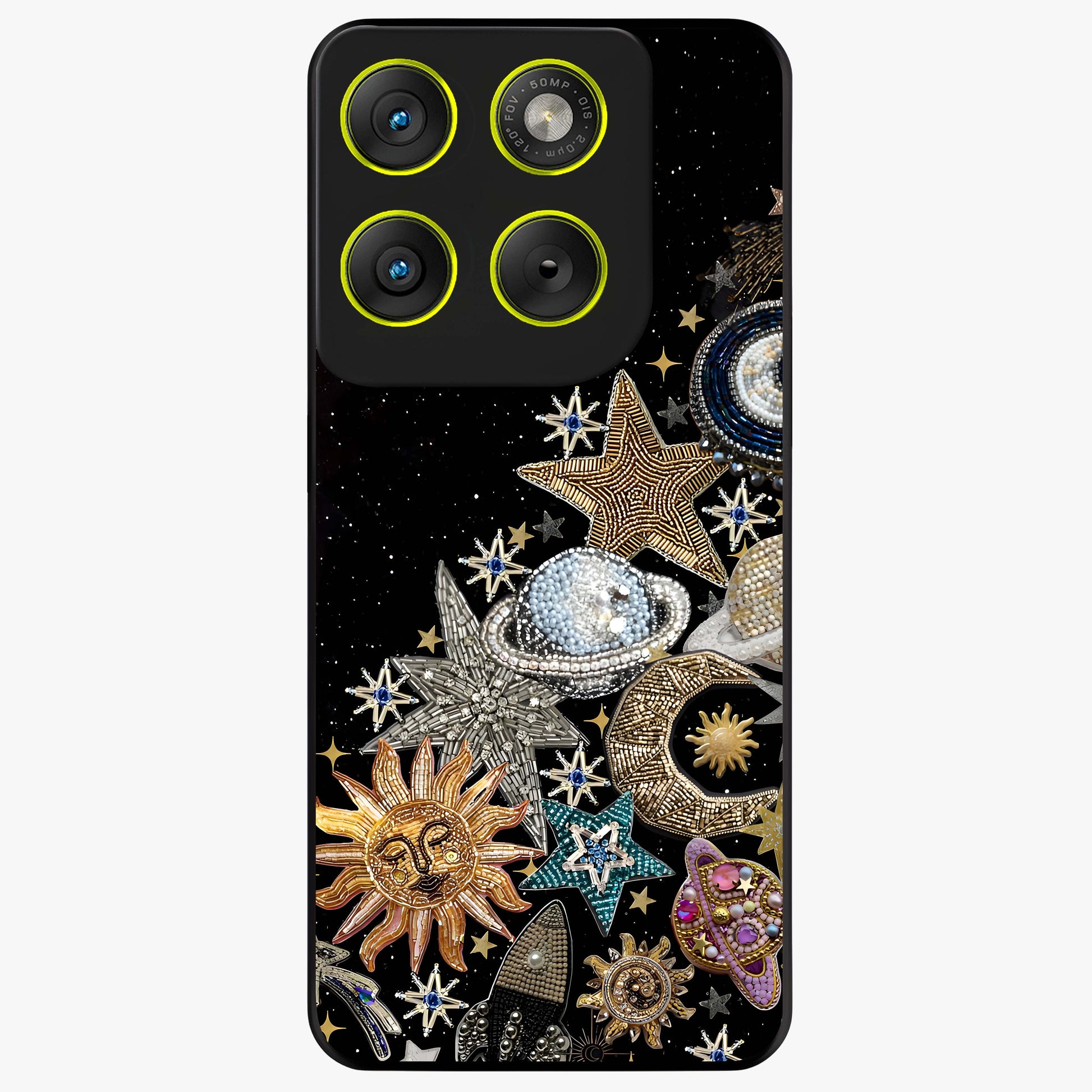 Cosmic Sparkle Dreams Glass Case showing flat back view with sparkling cosmic artwork and glossy glass finish.