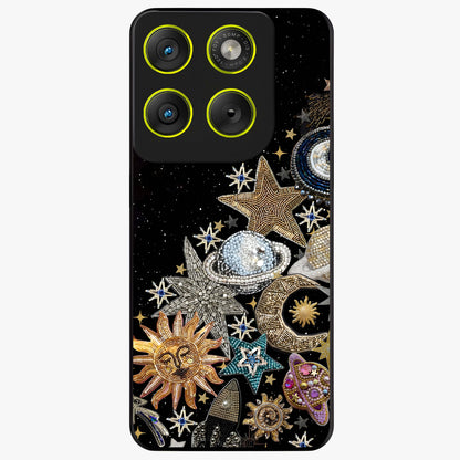 Cosmic Sparkle Dreams Glass Case showing flat back view with sparkling cosmic artwork and glossy glass finish.