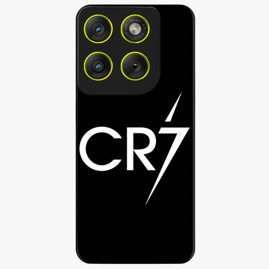 Cr7 Elite Strike Glass Case showing flat back view with dynamic football inspired artwork and glossy glass finish.