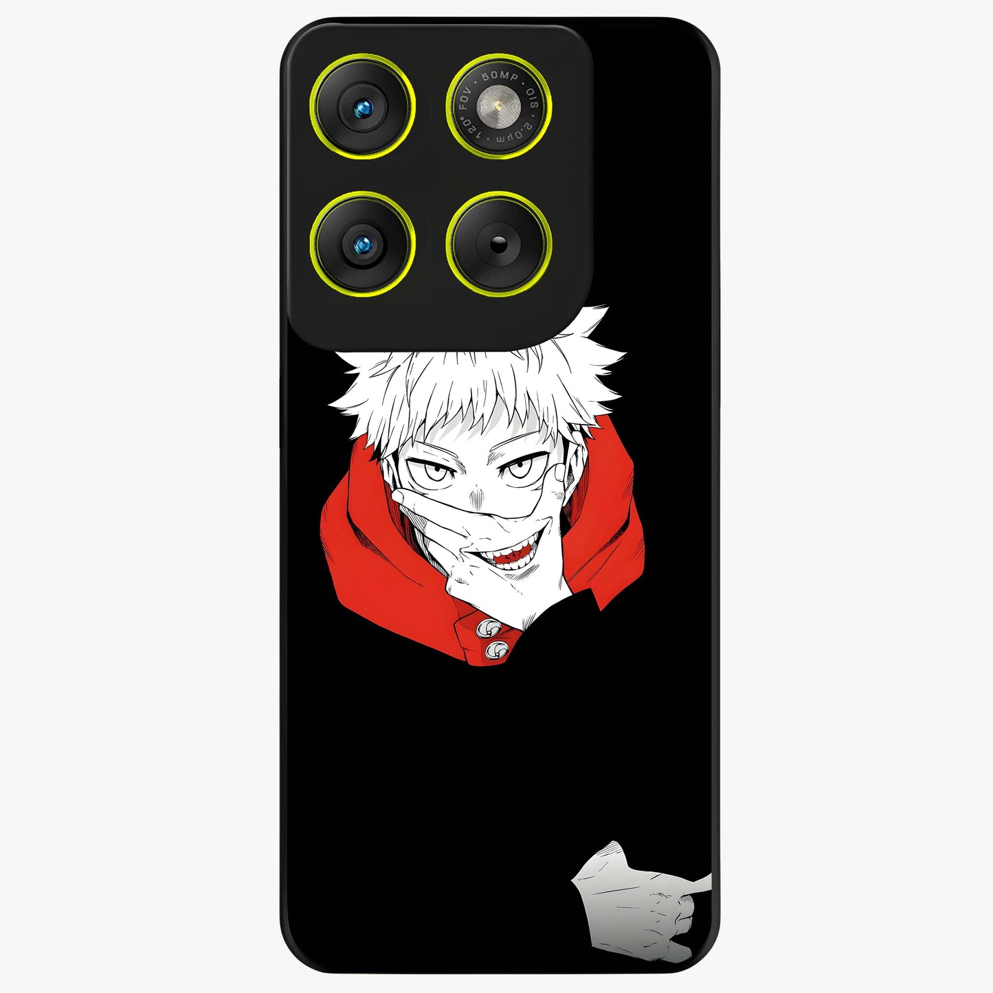 Crimson Chaos Smile Glass Case showing flat back view with bold chaotic smile artwork and glossy glass finish.