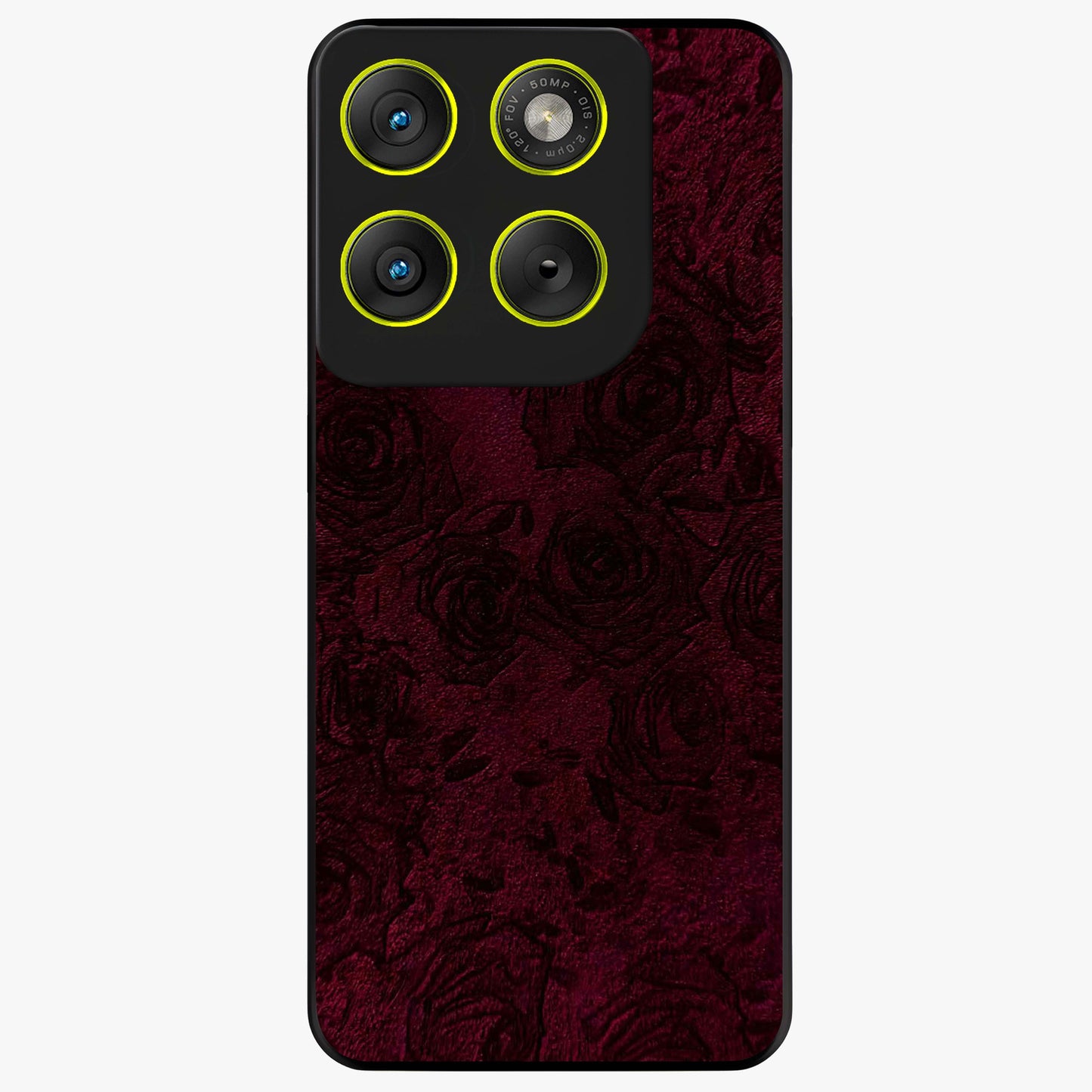 Crimson Fade Flow Glass Case showing flat back view with flowing crimson gradient artwork and glossy glass finish.