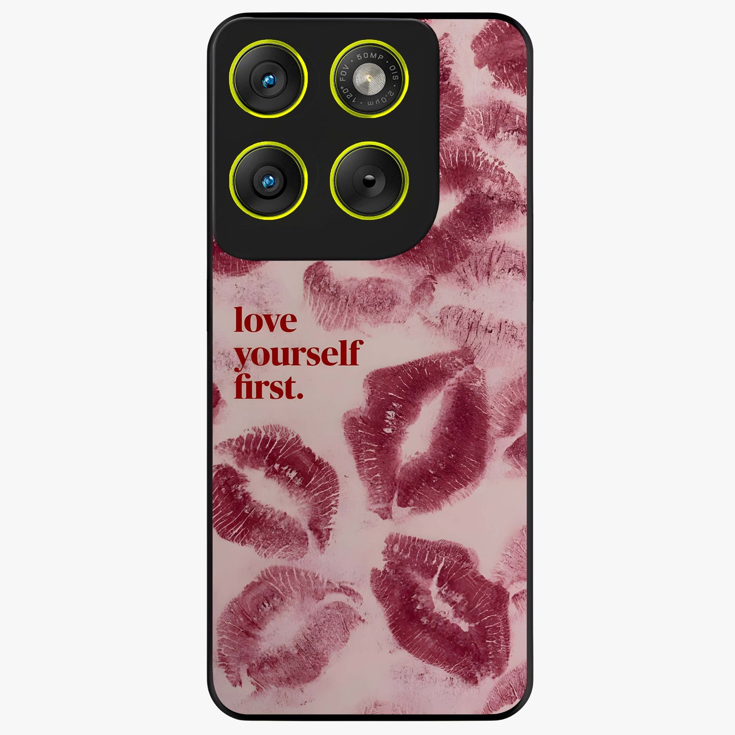 Crimson Kiss Love Glass Case showing flat back view with romantic crimson themed artwork and glossy glass finish.
