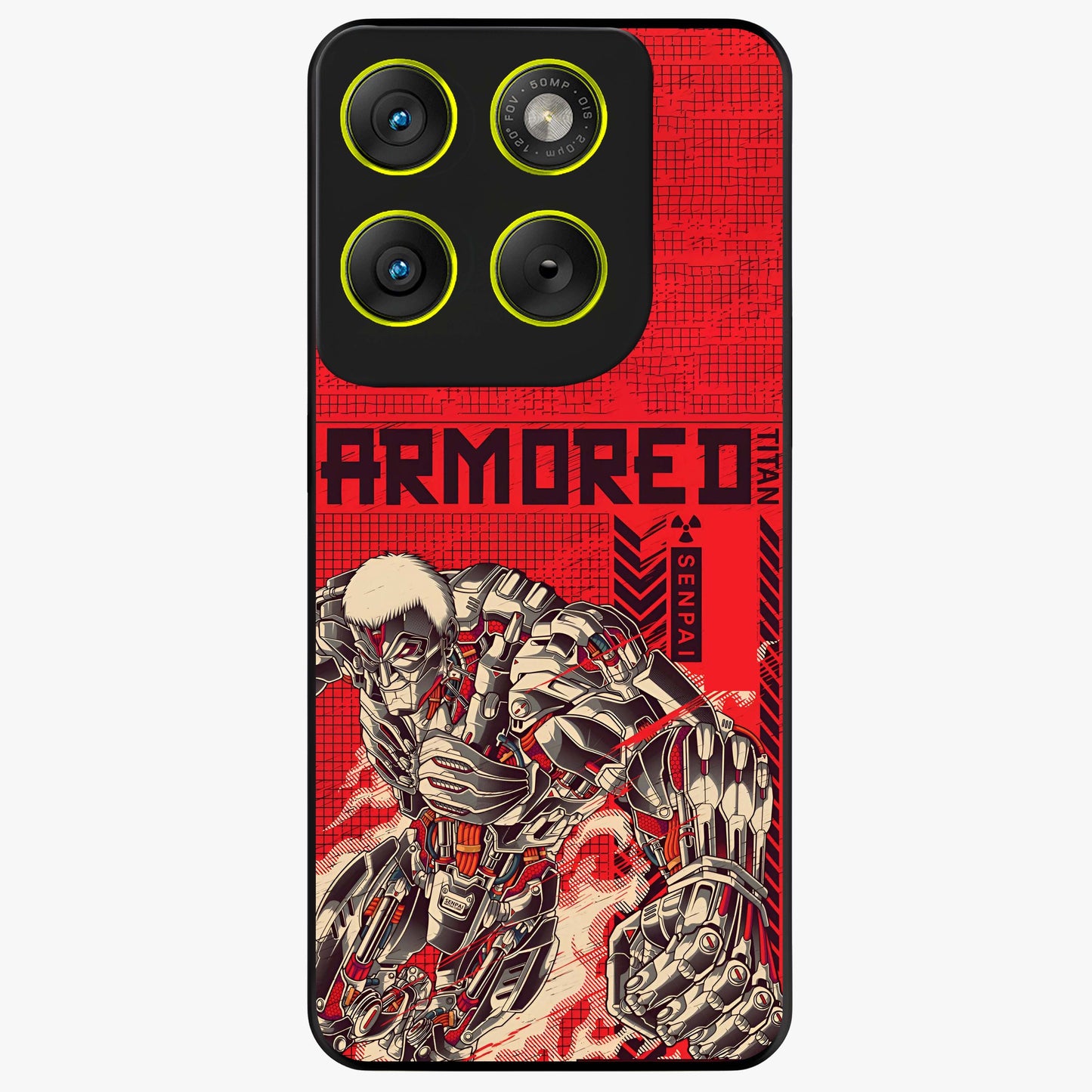 Crimson Mecha Titan Glass Case showing flat back view with powerful mech titan artwork and glossy glass finish.