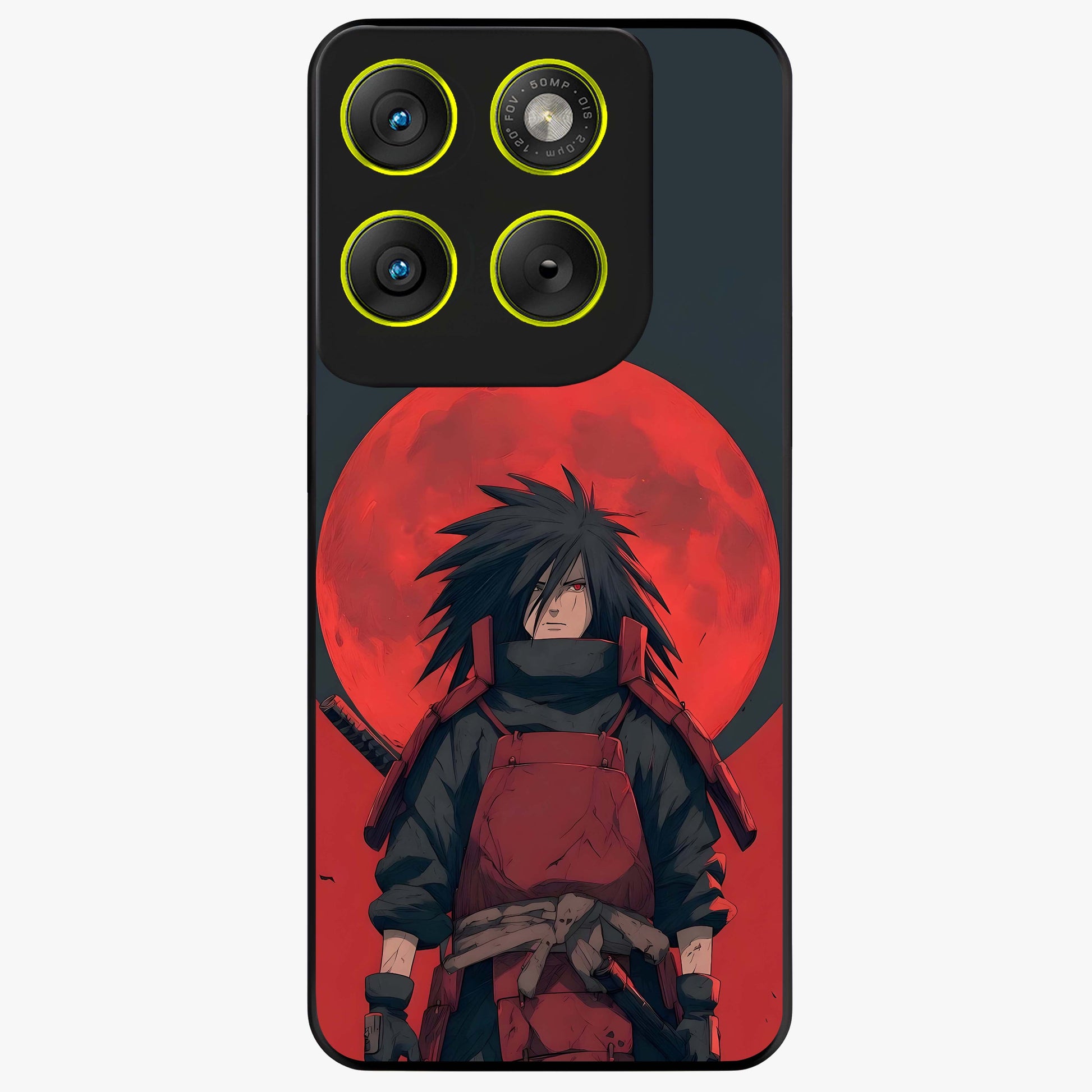 Crimson Moon Warlord Glass Case showing flat back view with mystical moon warrior artwork and glossy glass finish.